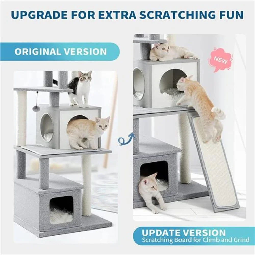 Modern Cat Tower, Wood Cat Tree with Scratch Post and Top Perch Bed, 20 Lbs